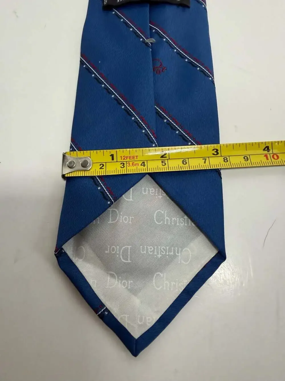 Vintage Christian Dior Blue Necktie with Embroidered Logo and Red/Black/White St